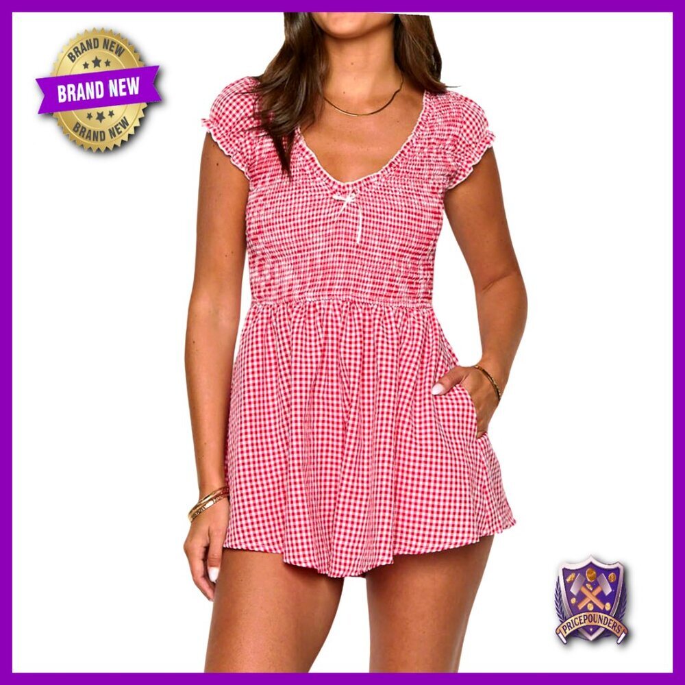 Gingham Romper Jumpsuit Smocked High Waist Flowy Mini Casual Beach Wear